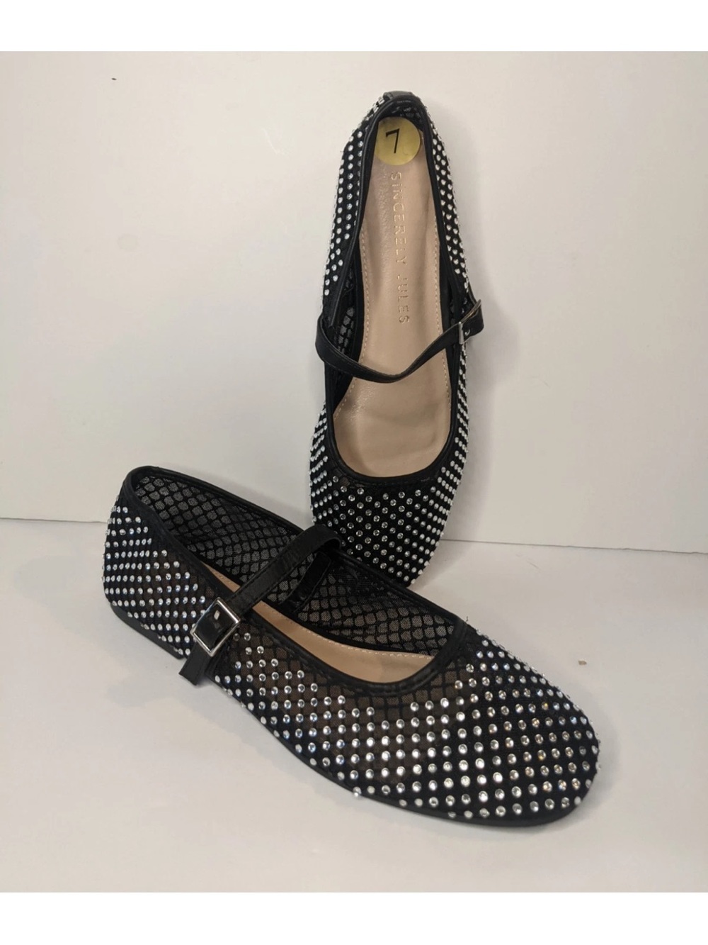 Sincerely Jules Black Mesh Mary Jane Flats with Silver Studs